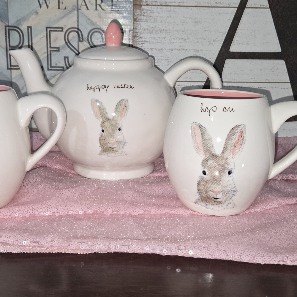 Rae Dun Easter Bunny Teapot and Mug Set - White and Pink